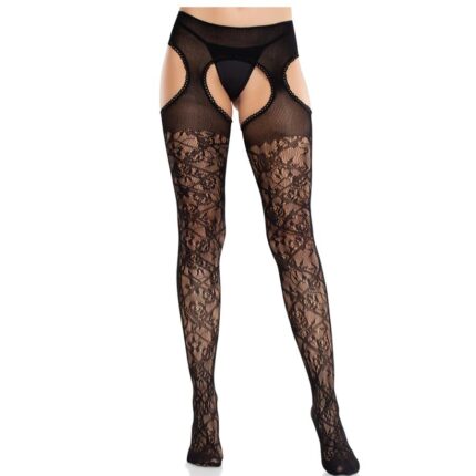 LEG AVENUE - MEDIAS DE ENCAJE FLORAL CON LIGAS UNIDAS NEGRO - CandyHot - Foto 1