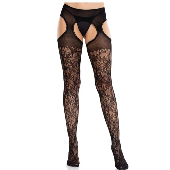 LEG AVENUE - MEDIAS DE ENCAJE FLORAL CON LIGAS UNIDAS NEGRO - CandyHot - Foto 1